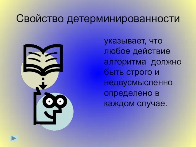 Свойство детерминированности указывает, что любое действие алгоритма должно быть строго и недвусмысленно определено в каждом случае.