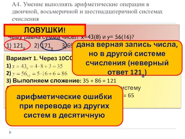 А4. Умение выполнять арифметические операции в двоичной, восьмеричной и шестнадцатеричной системах счисления