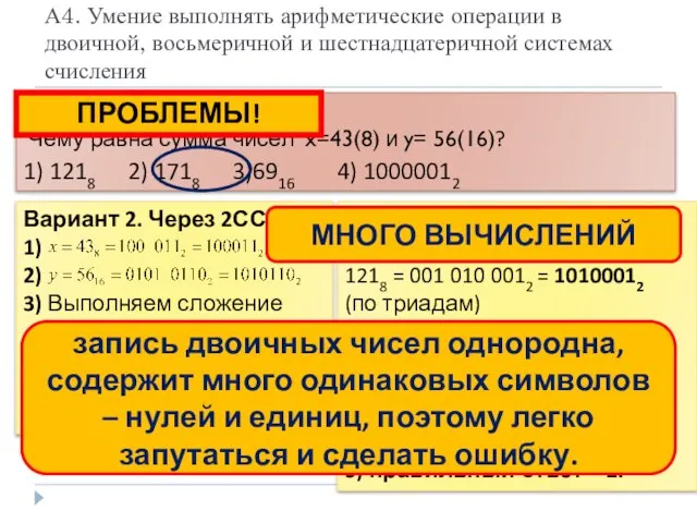 А4. Умение выполнять арифметические операции в двоичной, восьмеричной и шестнадцатеричной системах счисления