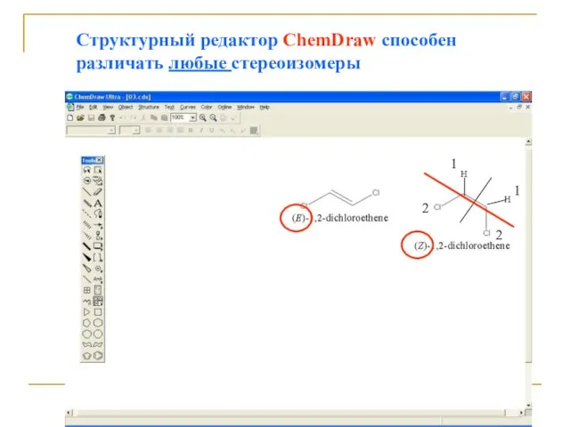 Структурный редактор ChemDraw способен различать любые стереоизомеры H H 1 1 2 2