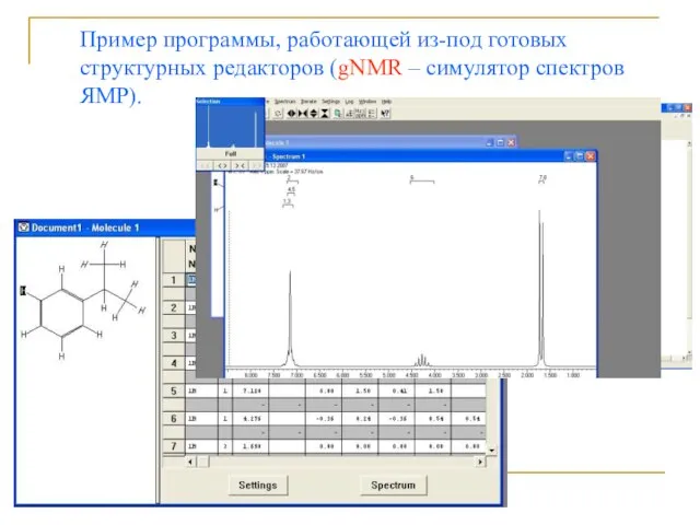 Пример программы, работающей из-под готовых структурных редакторов (gNMR – симулятор спектров ЯМР). ChemDraw