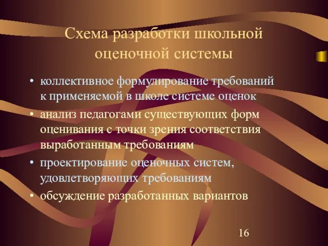 Схема разработки школьной оценочной системы коллективное формулирование требований к применяемой в школе