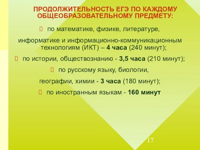 ПРОДОЛЖИТЕЛЬНОСТЬ ЕГЭ ПО КАЖДОМУ ОБЩЕОБРАЗОВАТЕЛЬНОМУ ПРЕДМЕТУ: по математике, физике, литературе, информатике и