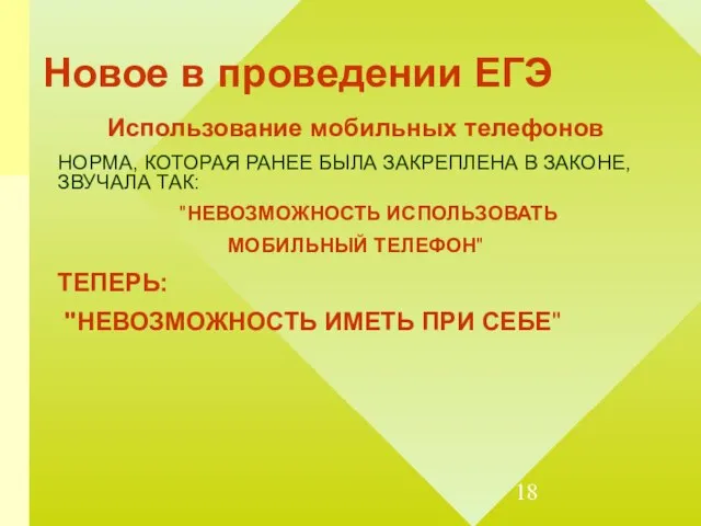 Новое в проведении ЕГЭ Использование мобильных телефонов НОРМА, КОТОРАЯ РАНЕЕ БЫЛА ЗАКРЕПЛЕНА