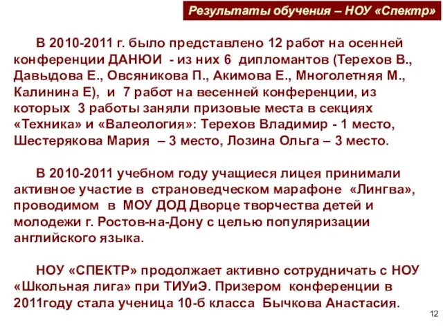 Результаты обучения – НОУ «Спектр» В 2010-2011 г. было представлено 12 работ