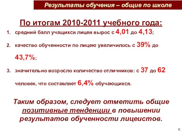 Результаты обучения – общие по школе По итогам 2010-2011 учебного года: средний