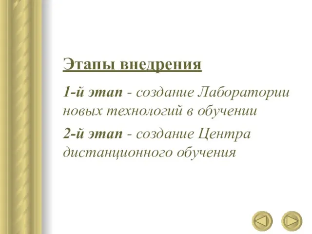 Этапы внедрения 1-й этап - создание Лаборатории новых технологий в обучении 2-й