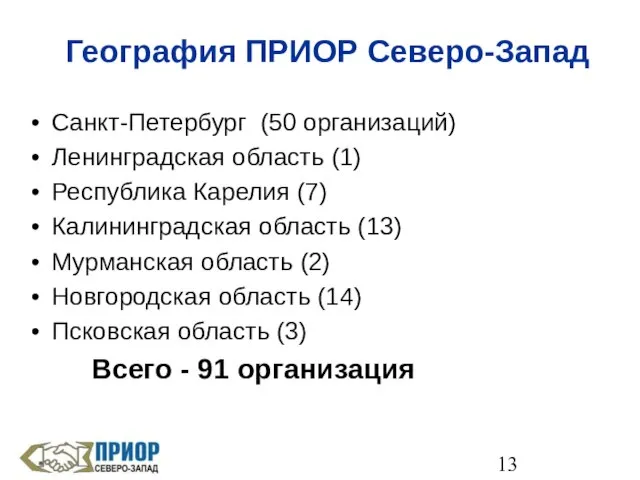 География ПРИОР Северо-Запад Санкт-Петербург (50 организаций) Ленинградская область (1) Республика Карелия (7)