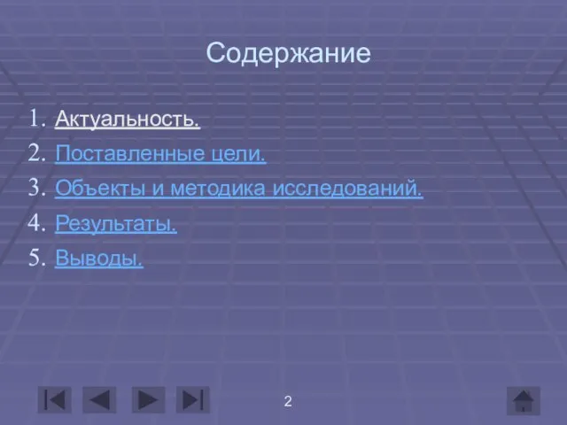 Содержание Актуальность. Поставленные цели. Объекты и методика исследований. Результаты. Выводы.