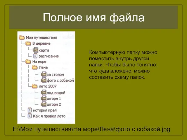 Компьютерную папку можно поместить внутрь другой папки. Чтобы было понятно, что куда