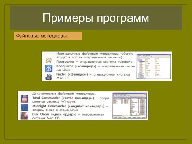 Примеры программ Файловые менеджеры: