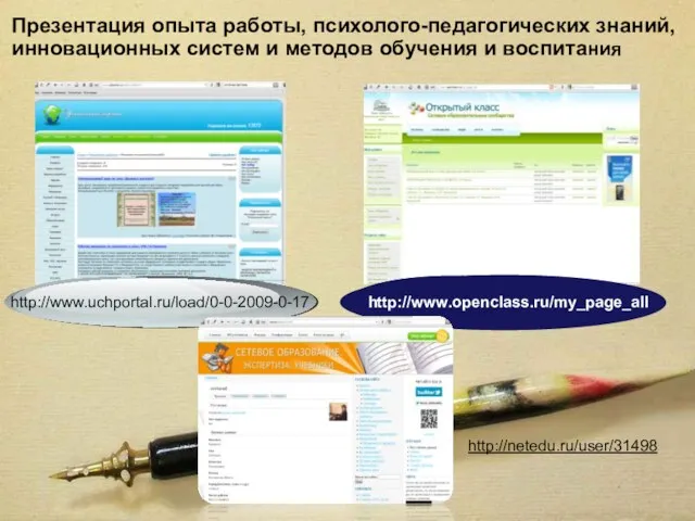 Презентация опыта работы, психолого-педагогических знаний, инновационных систем и методов обучения и воспитания http://www.uchportal.ru/load/0-0-2009-0-17 http://www.openclass.ru/my_page_all http://netedu.ru/user/31498