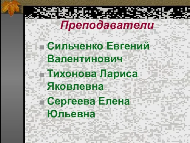 Преподаватели Сильченко Евгений Валентинович Тихонова Лариса Яковлевна Сергеева Елена Юльевна