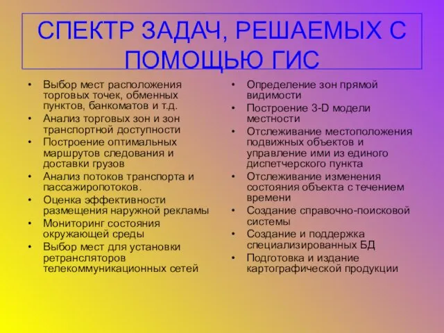 СПЕКТР ЗАДАЧ, РЕШАЕМЫХ С ПОМОЩЬЮ ГИС Выбор мест расположения торговых точек, обменных