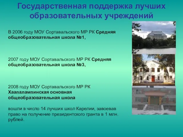 Государственная поддержка лучших образовательных учреждений В 2006 году МОУ Сортавальского МР РК