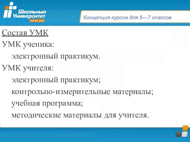 Концепция курсов для 5—7 классов Состав УМК УМК ученика: электронный практикум. УМК