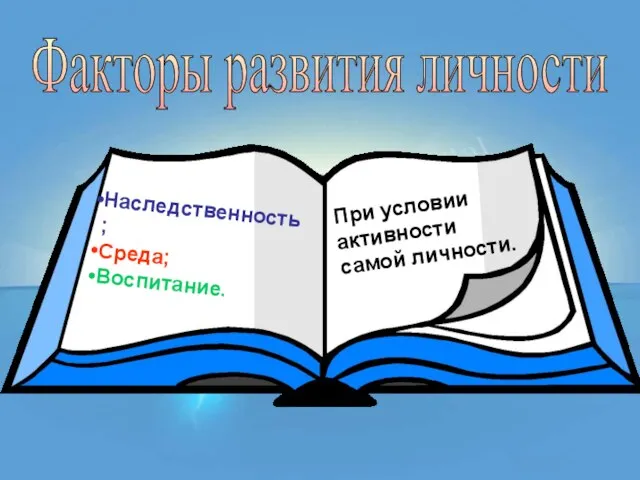 Факторы развития личности Наследственность; Среда; Воспитание. При условии активности самой личности.