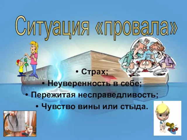 Страх; Неуверенность в себе; Пережитая несправедливость; Чувство вины или стыда. Ситуация «провала»