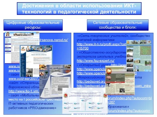 Достижения в области использования ИКТ-технологий в педагогической деятельности Цифровые образовательные ресурсы: Сетевые