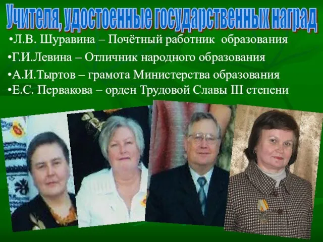 Учителя, удостоенные государственных наград Л.В. Шуравина – Почётный работник образования А.И.Тыртов –