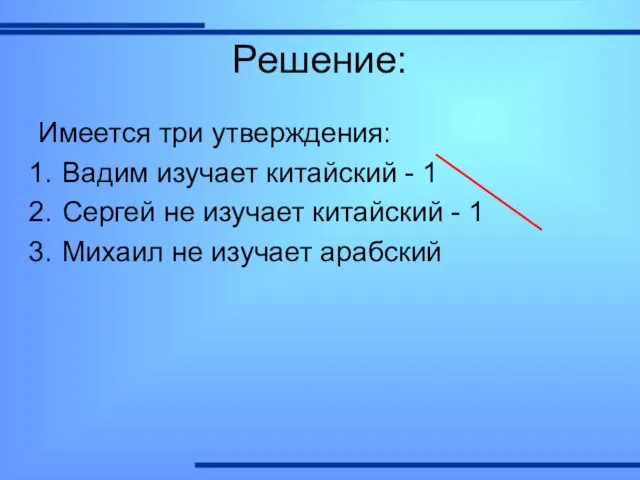 Решение: Имеется три утверждения: Вадим изучает китайский - 1 Сергей не изучает