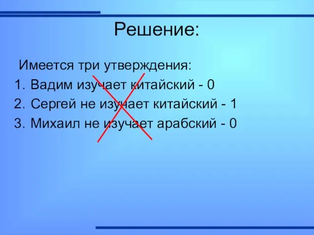 Решение: Имеется три утверждения: Вадим изучает китайский - 0 Сергей не изучает