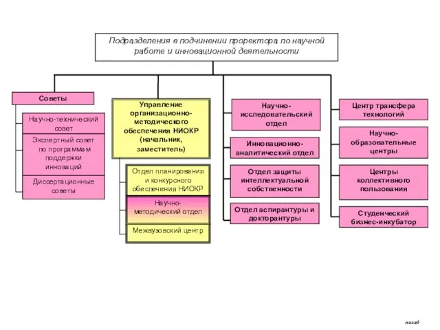 Подразделения в подчинении проректора по научной работе и инновационной деятельности Советы Научно-технический