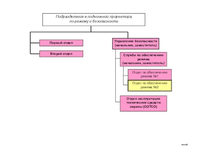 Подразделения в подчинении проректора по режиму и безопасности Первый отдел Второй отдел