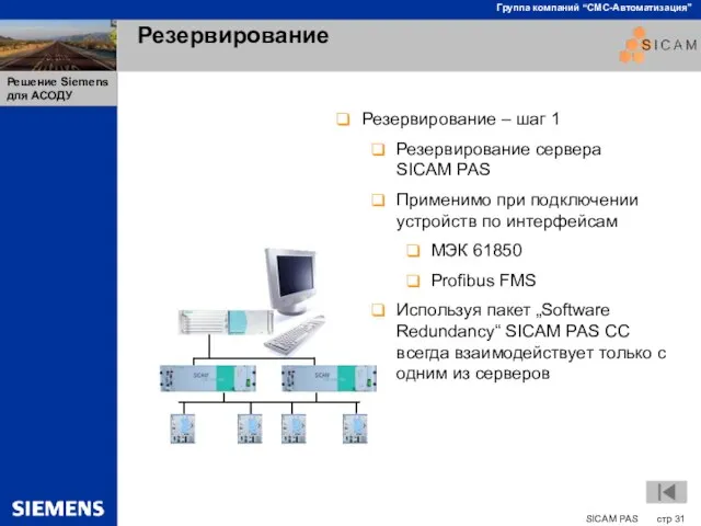 Резервирование Резервирование – шаг 1 Резервирование сервера SICAM PAS Применимо при подключении