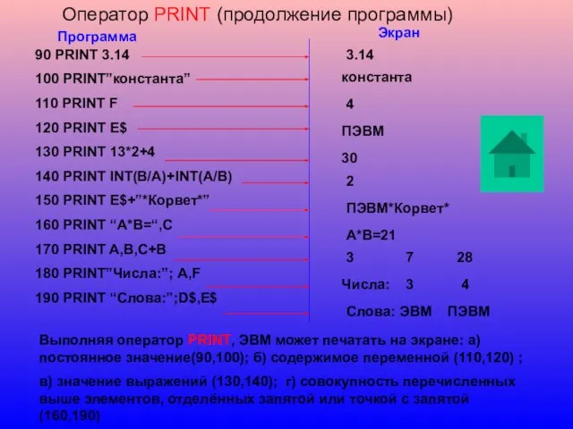 Оператор PRINT (продолжение программы) 90 PRINT 3.14 100 PRINT”константа” 110 PRINT F