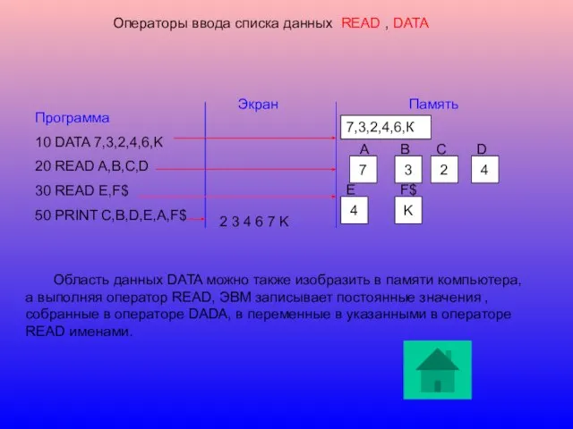 Операторы ввода списка данных READ , DATA Программа 10 DATA 7,3,2,4,6,K 20