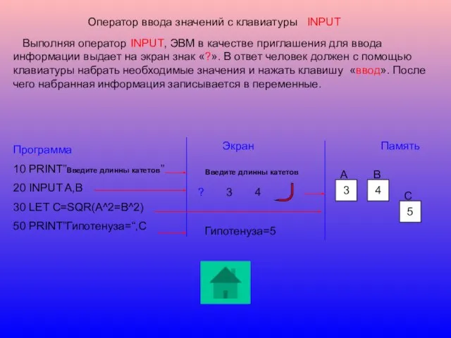 Оператор ввода значений с клавиатуры INPUT Выполняя оператор INPUT, ЭВМ в качестве