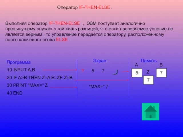 Оператор IF-THEN-ELSE. Выполняя оператор IF-THEN-ELSE , ЭВМ поступает аналогично предыдущему случаю с