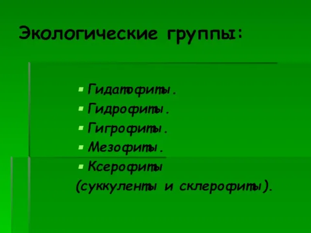 Экологические группы: Гидатофиты. Гидрофиты. Гигрофиты. Мезофиты. Ксерофиты (суккуленты и склерофиты).