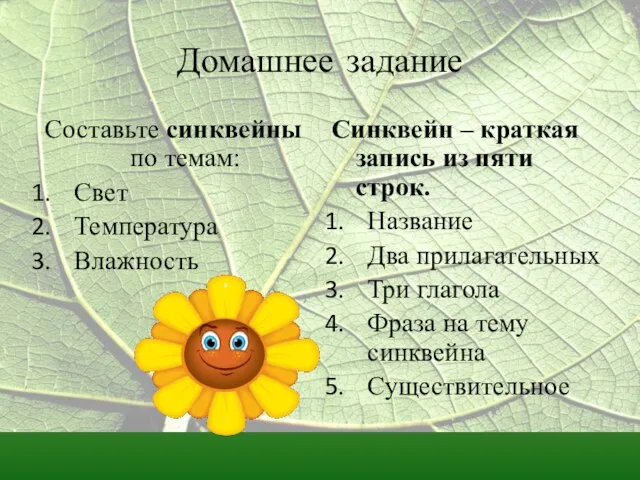 Домашнее задание Составьте синквейны по темам: Свет Температура Влажность Синквейн – краткая