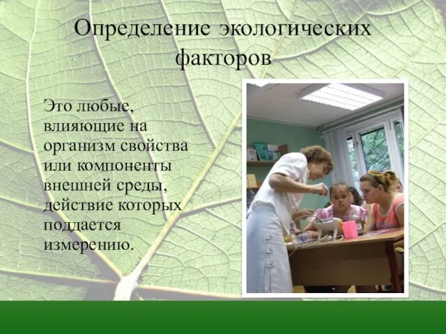 Определение экологических факторов Это любые, влияющие на организм свойства или компоненты внешней