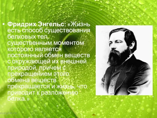 Фридрих Энгельс: «Жизнь есть способ существования белковых тел, существенным моментом которого является