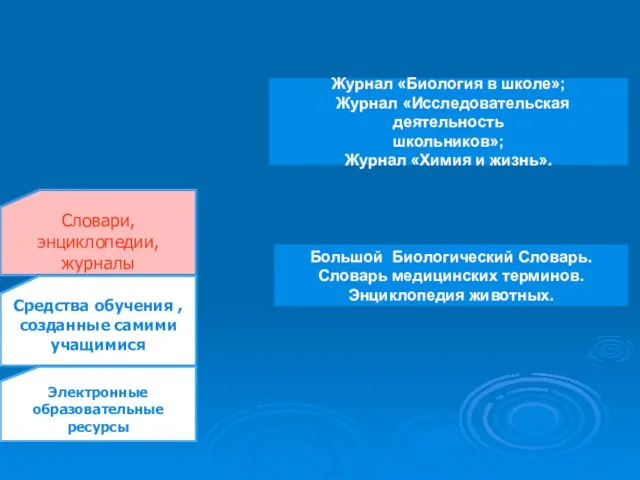 Словари, энциклопедии, журналы Средства обучения , созданные самими учащимися Электронные образовательные ресурсы