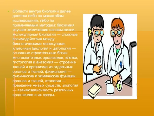 Области внутри биологии далее делятся либо по масштабам исследования, либо по применяемым