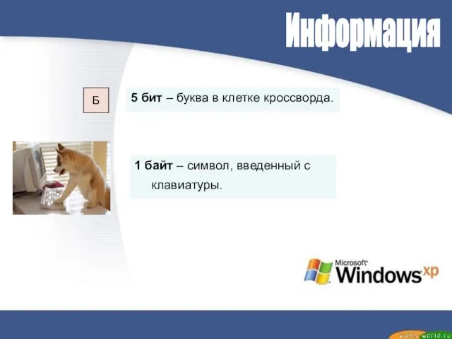 Информация 5 бит – буква в клетке кроссворда. Б 1 байт – символ, введенный с клавиатуры.