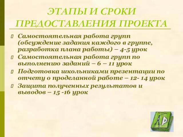 Самостоятельная работа групп (обсуждение задания каждого в группе, разработка плана работы) –