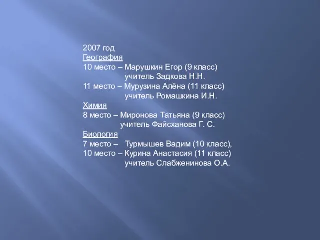 2007 год География 10 место – Марушкин Егор (9 класс) учитель Задкова