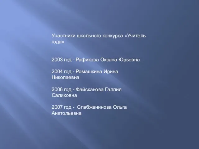 Участники школьного конкурса «Учитель года» 2003 год - Рафикова Оксана Юрьевна 2004