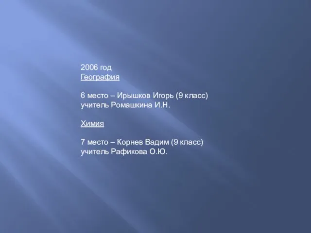 2006 год География 6 место – Ирышков Игорь (9 класс) учитель Ромашкина