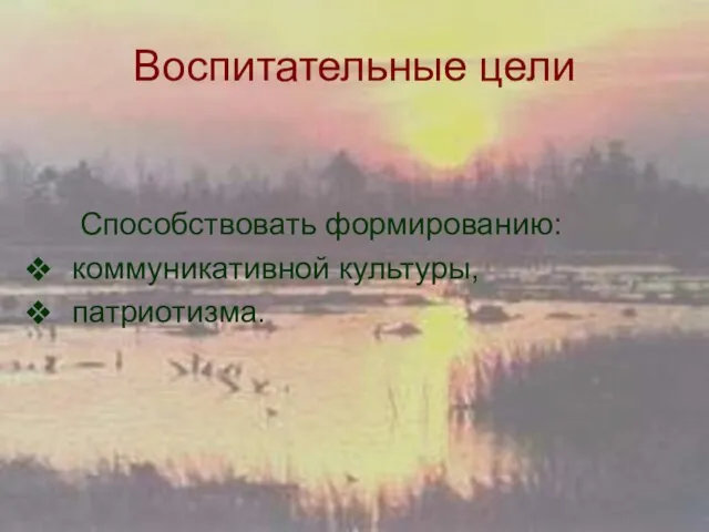 Воспитательные цели Способствовать формированию: коммуникативной культуры, патриотизма.