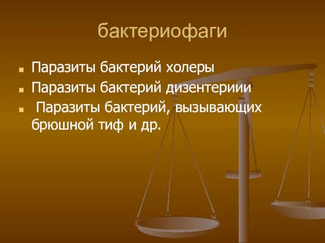 бактериофаги Паразиты бактерий холеры Паразиты бактерий дизентериии Паразиты бактерий, вызывающих брюшной тиф и др.