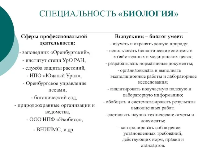 СПЕЦИАЛЬНОСТЬ «БИОЛОГИЯ» Сферы профессиональной деятельности: - заповедник «Оренбургский», - институт степи УрО