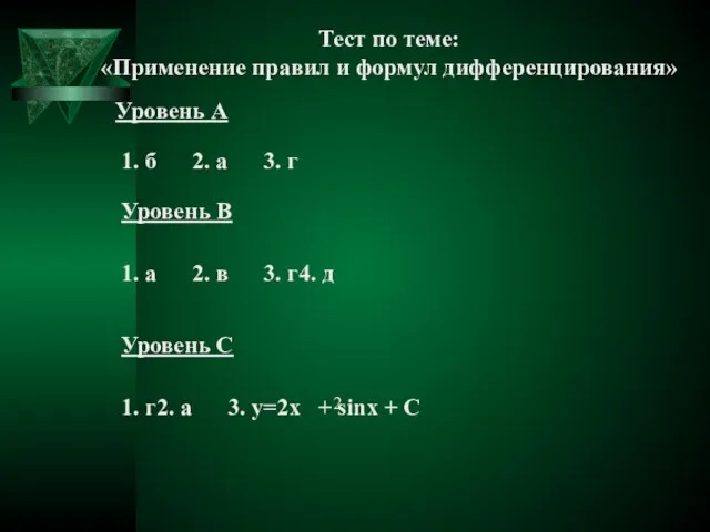 Тест по теме: «Применение правил и формул дифференцирования»