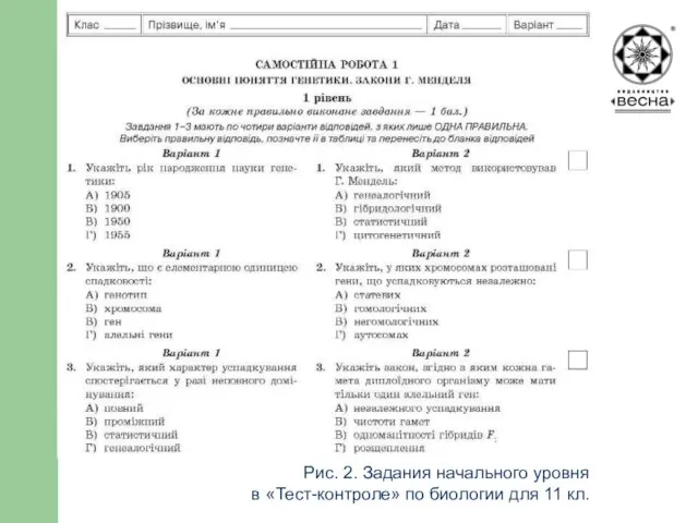 Рис. 2. Задания начального уровня в «Тест-контроле» по биологии для 11 кл.