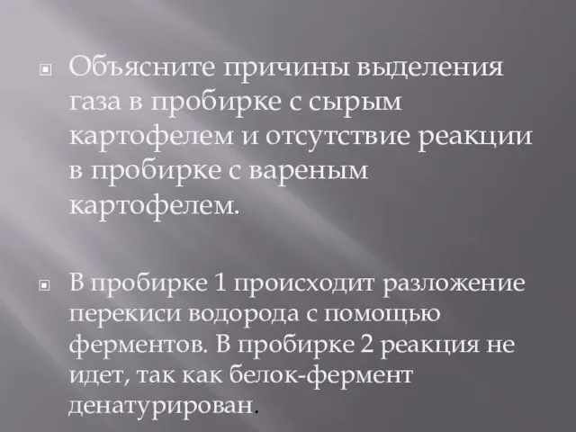 Объясните причины выделения газа в пробирке с сырым картофелем и отсутствие реакции